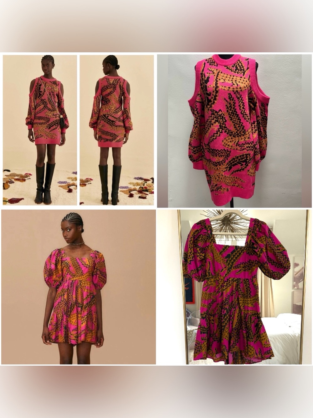 BUNDLE! Farm Rio Croco Cold-Shoulder Sweater Dress & Mini Dress w/ Puff Sleeves